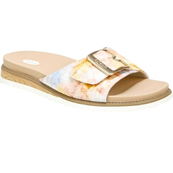 Dr. Scholl’s Originalist 2 Slide Sandals Metal Buckle Watercolor Blue Clay Beach - Picture 1 of 11